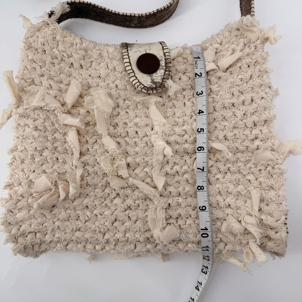 Handmade Boho Crochet Crossbody Bag Leather Trim‎ Satin Lined Neutral Rustic - Picture 10 of 15